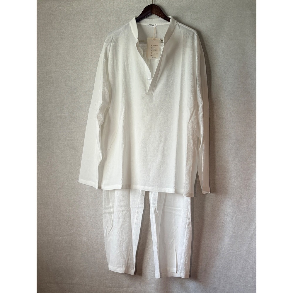 NWT COOFANDY Mens White 2 Piece Henley Shirt and Pants Set Lounge XXXL Beachwear - Picture 2 of 16